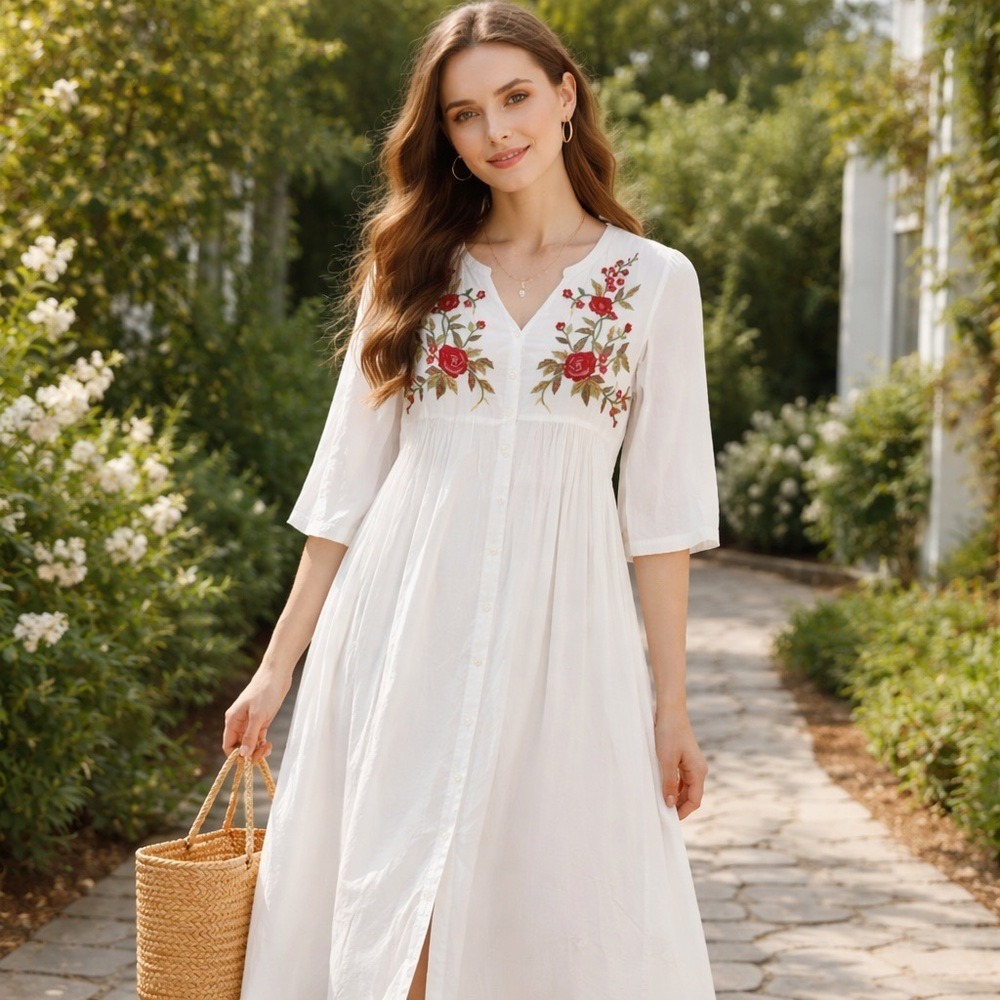 April Cornell White Embroidered Floral Flowy Boho Midi Dress Cottagecore Small